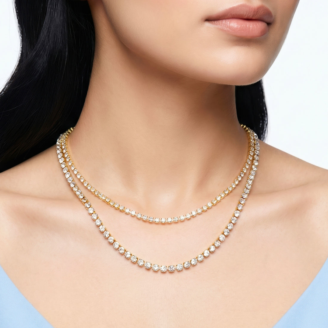 PRAO Necklace Anti-Tarnish Double-Layered With Graduated Crystals