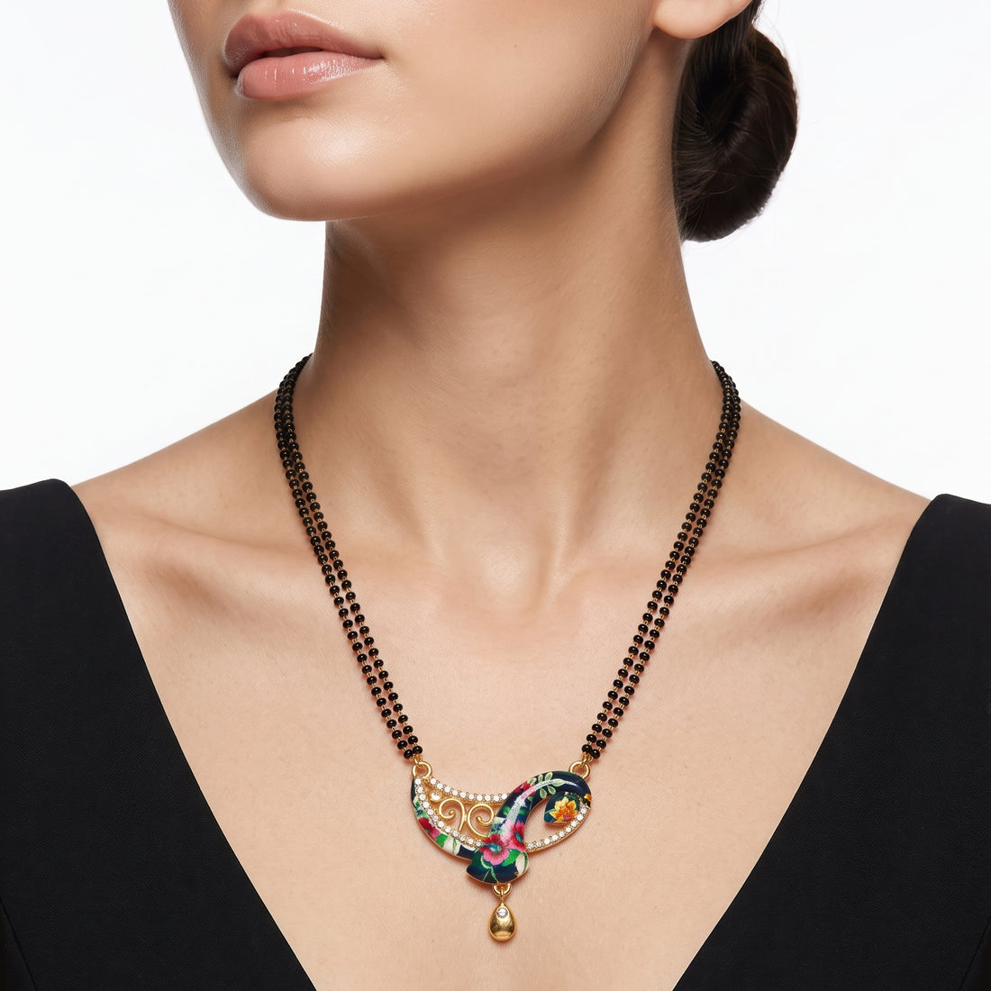 PRAO Necklace Anti-Tarnish Double Strand Black Bead Mangalsutra With Floral Enamel Pendant And Teardrop Charm