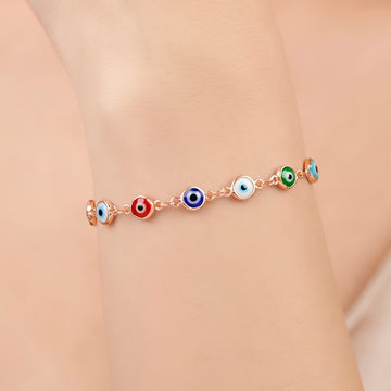 PRAO Bracelet Anti-Tarnish Delicate Evil Eye Motif Chain With Multicolored Accents (Adjustable Size)