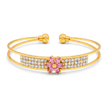 PRAO Bracelet Anti-Tarnish Split-Band Pink Crystal Flower Bangle With Pavé Stone Accents (Adjustable Size)