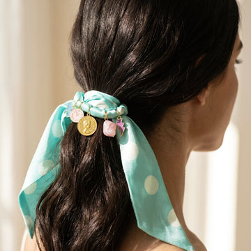 PRAO Hair & Necklace Anti-Tarnish Sky Blue Polka Dot Printed Fabric Beads Coin Thunderbolt Charm