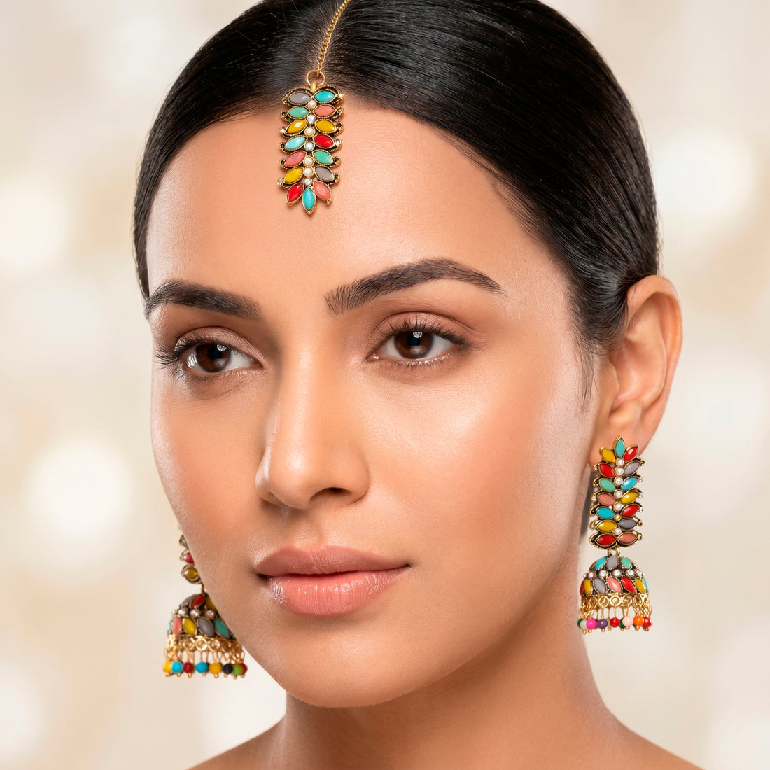 PRAO Earrings Anti-Tarnish Leafy Multicoloured Jhumki (Complete Set)