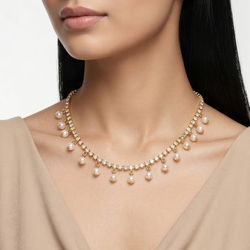 PRAO Necklace Anti-Tarnish Pearl Charm Tennis Chain Set