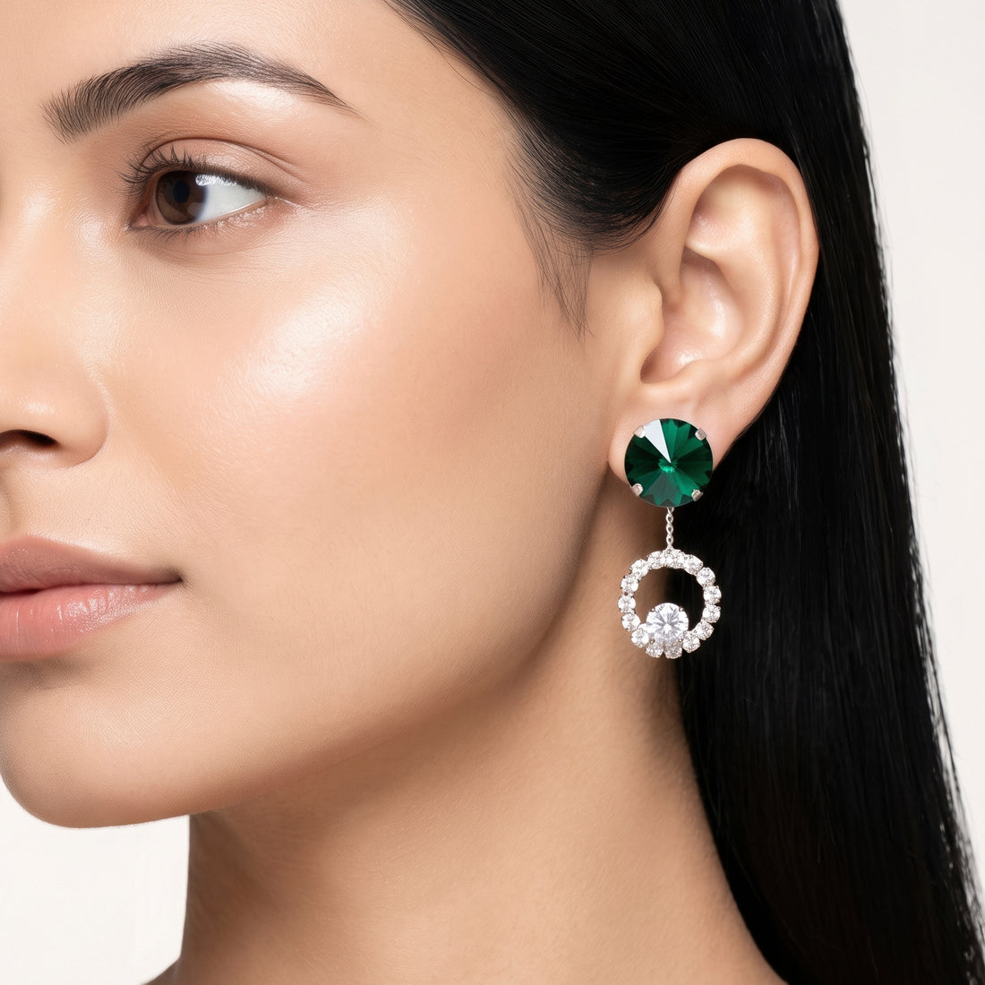 PRAO Earrings Anti-Tarnish Dark Green Studs With Crystal Open Circle