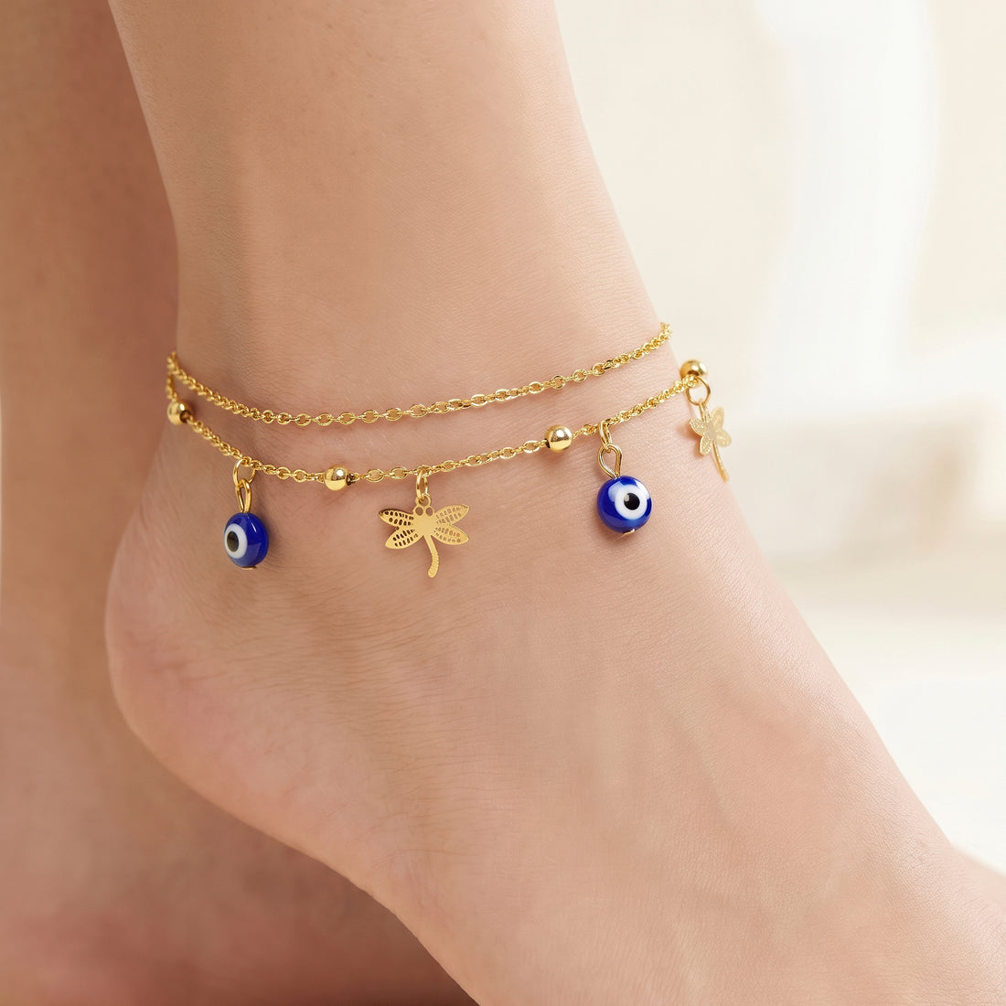 PRAO Anklet Anti-Tarnish Double-Strand With Dragonfly Charms And Blue Evil Eye Beads