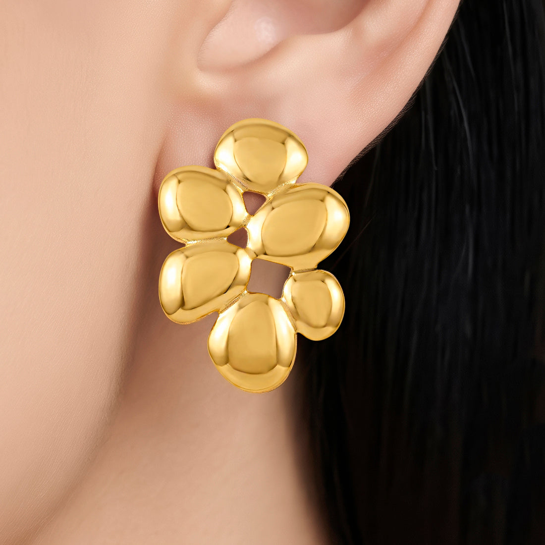PRAO Earrings Anti-Tarnish Puffy Abstract Flower Statement