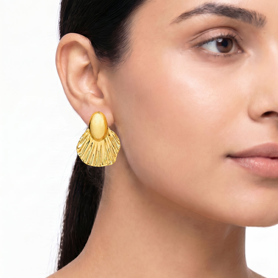 PRAO Earrings Anti-Tarnish Textured Fan-Shaped Statement