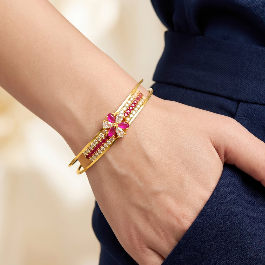 PRAO Bracelet Anti-Tarnish Double-Band Floral Stone Bangle With Pavé Crystal Accents (Adjustable Size)