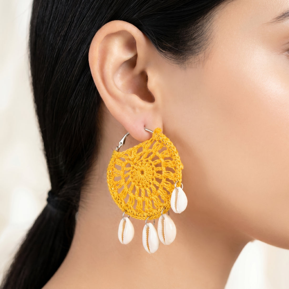 PRAO Earrings Anti-Tarnish Yellow Crochet Hoops With Cowrie Shells