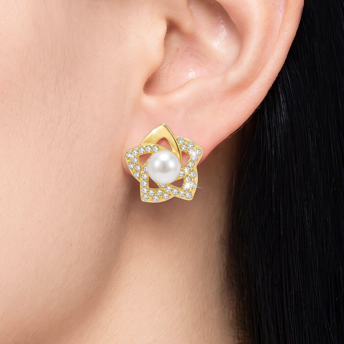 PRAO Earrings Anti-Tarnish Pearl Floral Studs