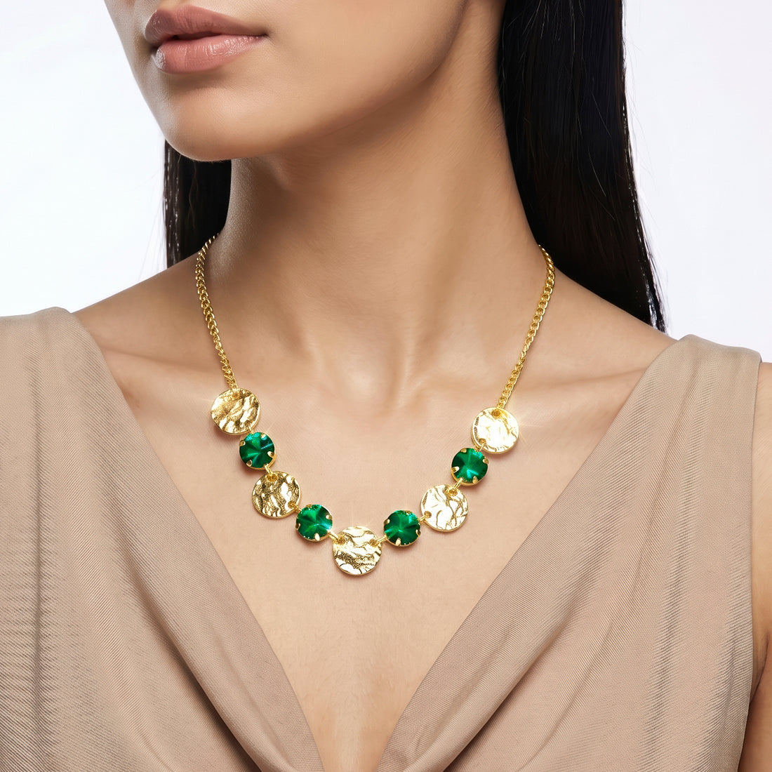 PRAO Necklace Anti-Tarnish Hammered Coin Statement With Emerald Crystal