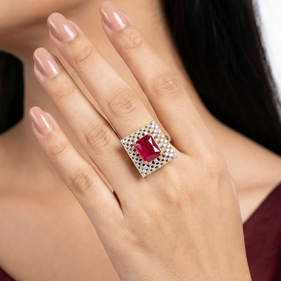 PRAO Ring Anti-Tarnish Ruby Crystal Statement (Adjustable Size)