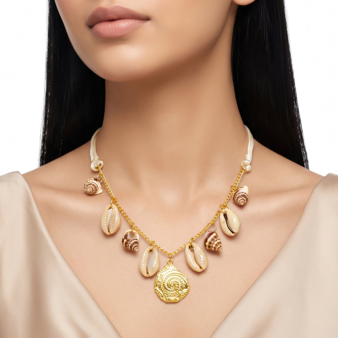 PRAO Necklace Anti-Tarnish White Cord And Link Chain With Seashell Charms And Round Medallion Pendant