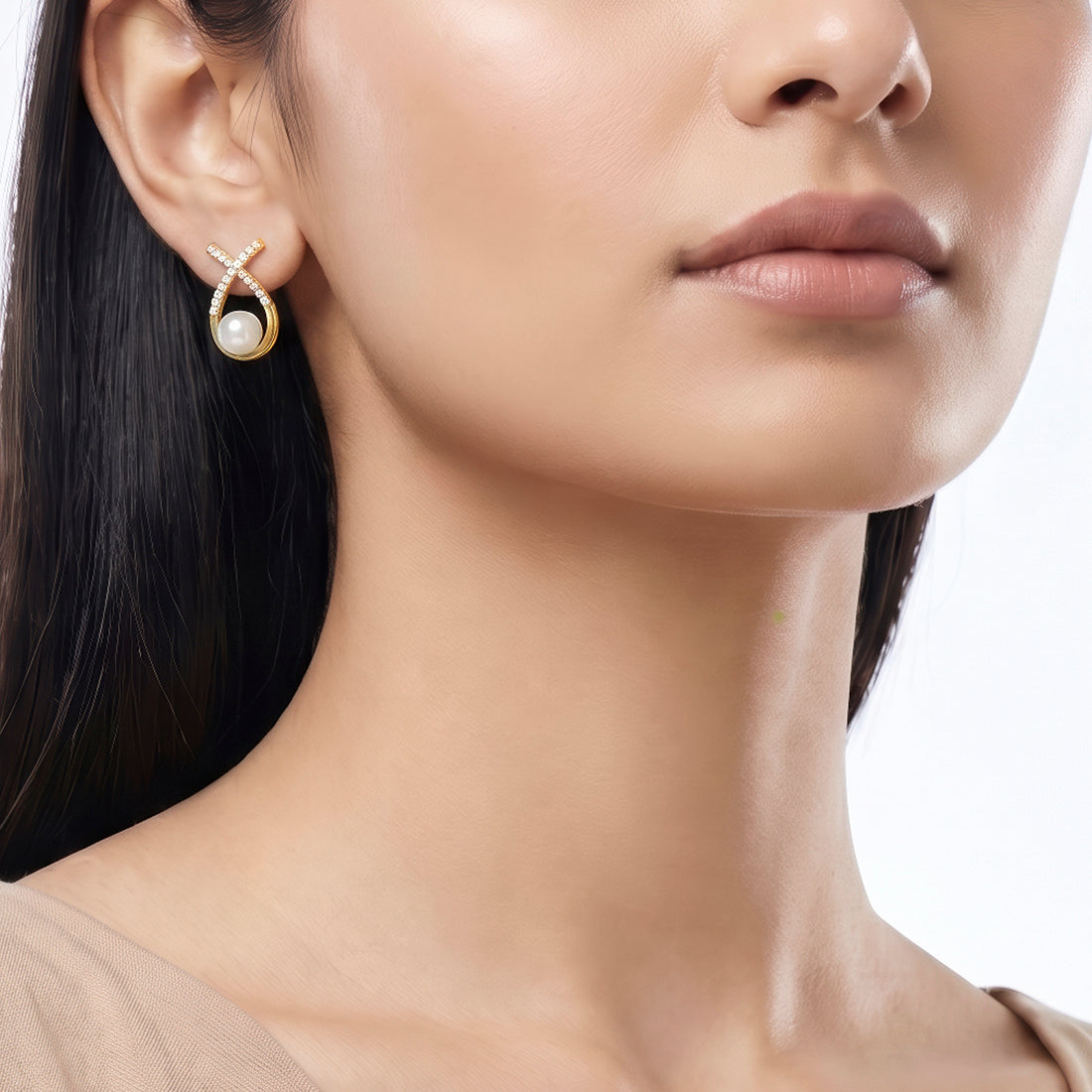 PRAO Earrings Anti-Tarnish Ribbon Crystal Pearl