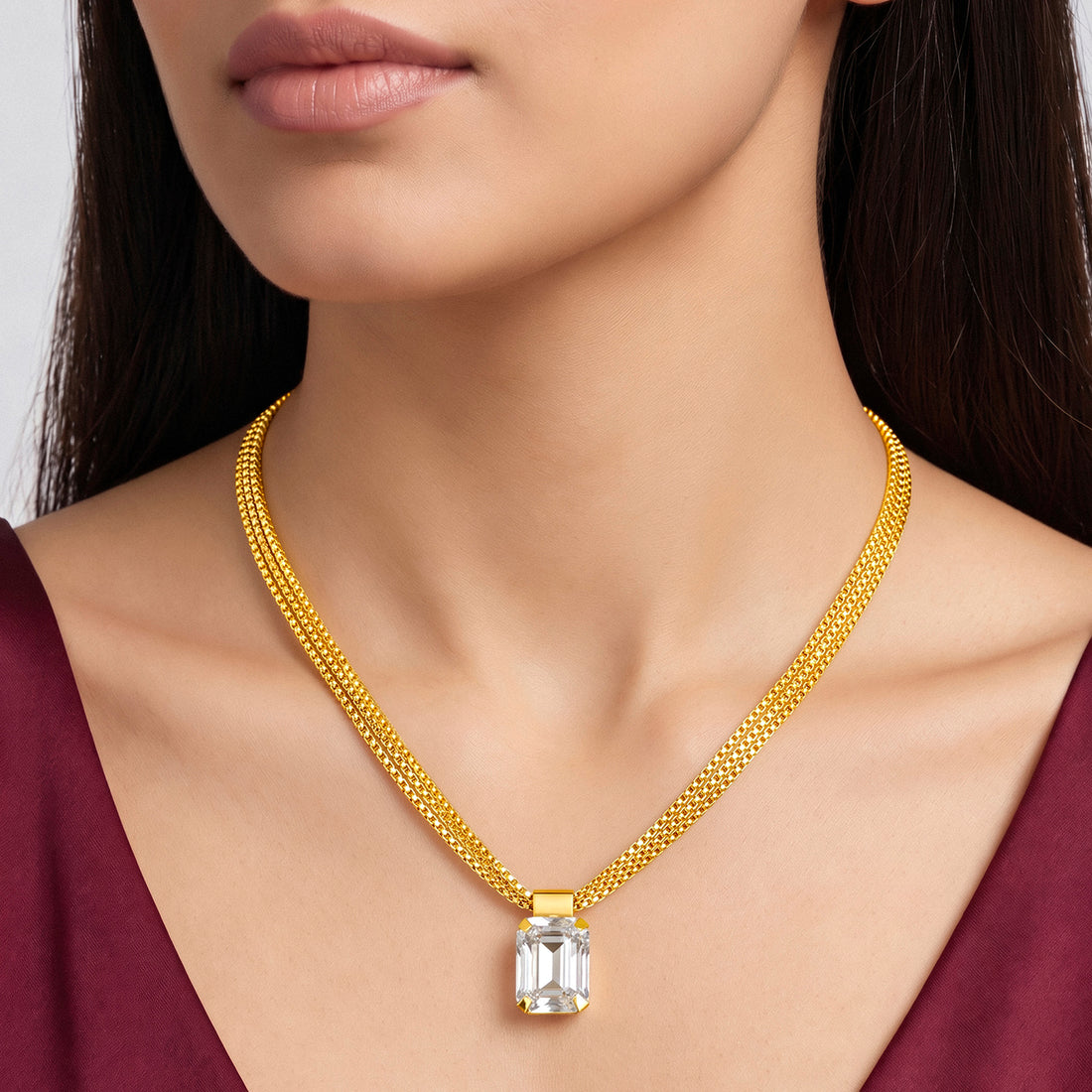 PRAO Necklace Anti-Tarnish Box Chain Crystal Pendant