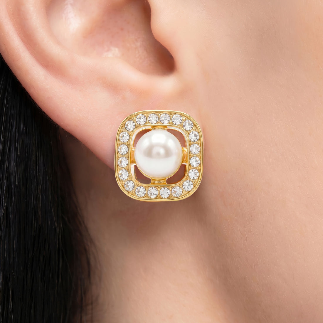 PRAO Earrings Anti-Tarnish Minimalist Square AD And Pearl Studded