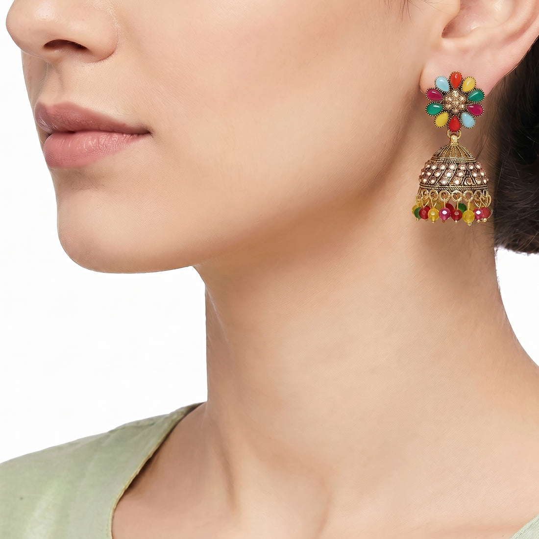PRAO Earrings Anti-Tarnish Multi-Stone Floral Jhumka