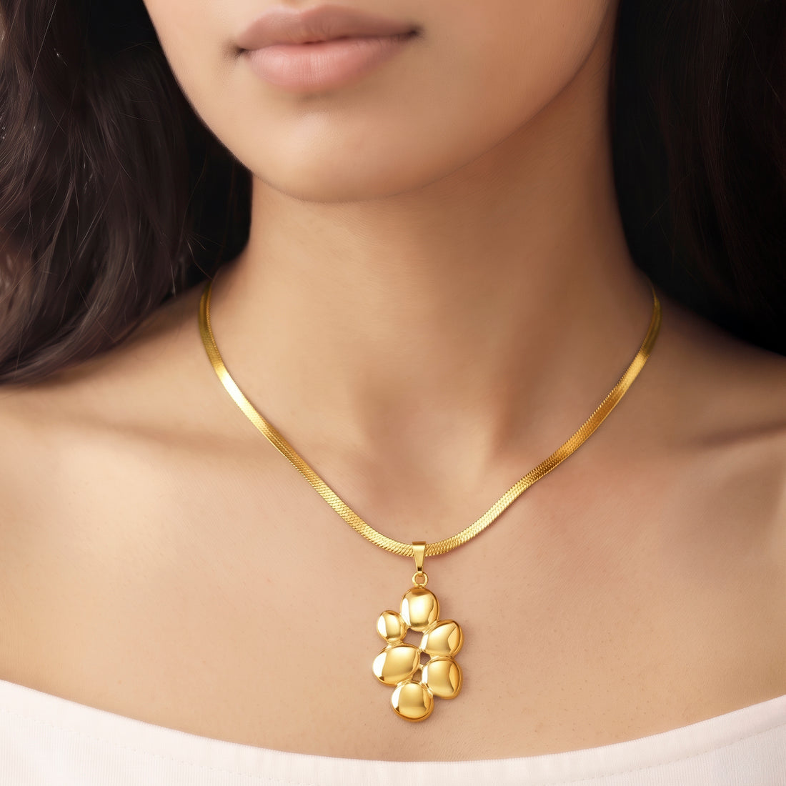 PRAO Necklace Anti-Tarnish Gold Plated Puffy Abstract Flower Pendant