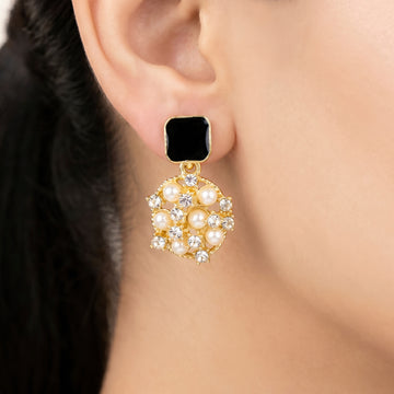 PRAO Earrings Anti-Tarnish Black Enamel Crystal Pearl Drop