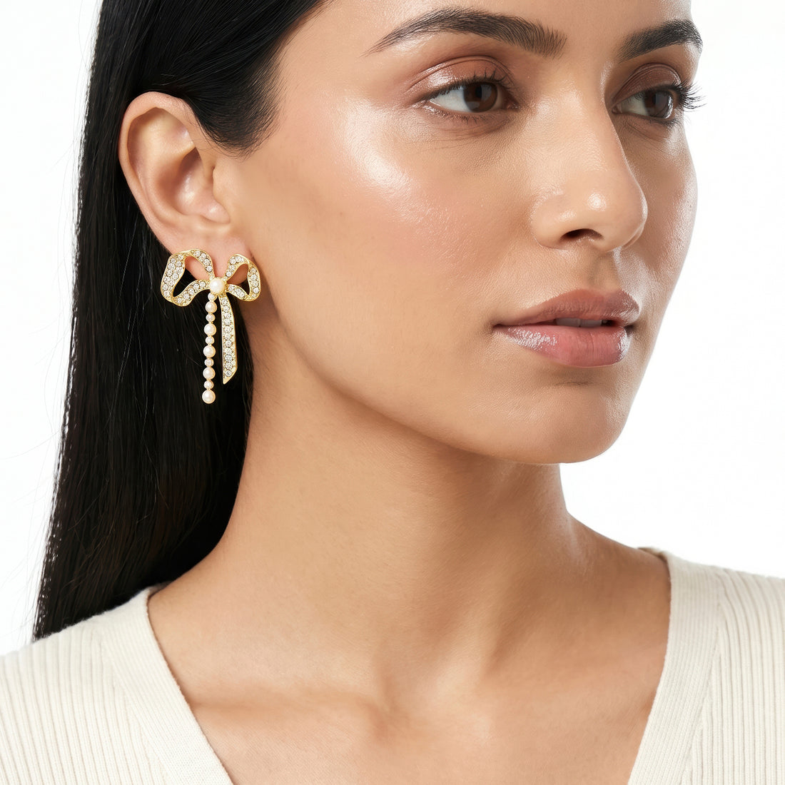 PRAO Earrings Anti-Tarnish  Bow Crystal Pearl Drop
