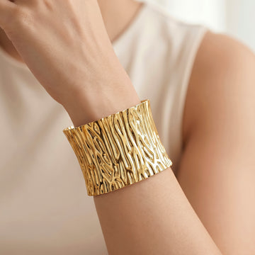 PRAO Bracelet Anti-Tarnish Organic Tree Bark Textured Cuff (Adjustable Size)