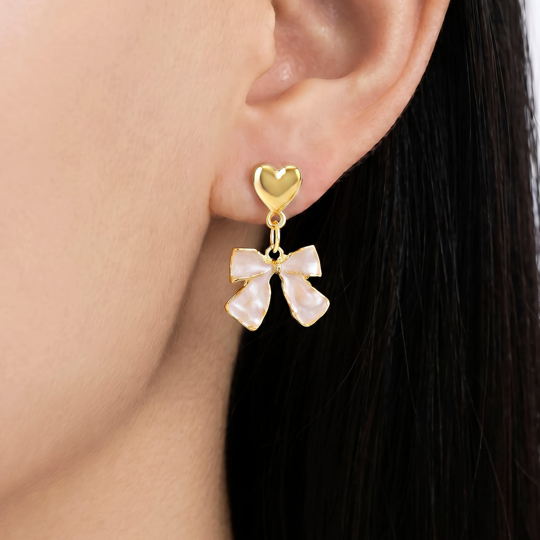PRAO Earrings Anti-Tarnish Drop With Heart Stud And Cream Enamel Bow