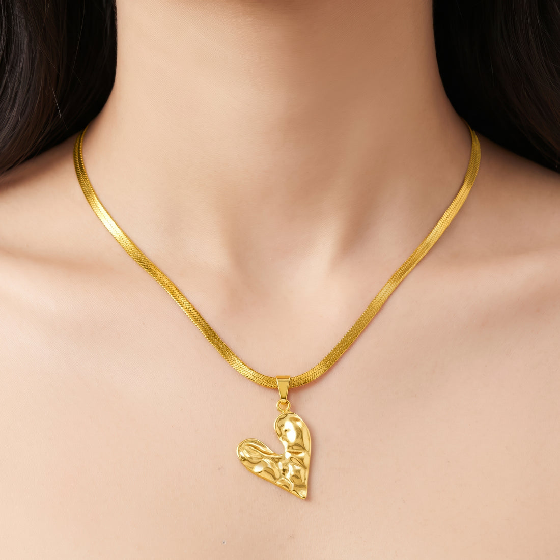 PRAO Necklace Anti-Tarnish Textured Heart Pendant Herringbone Chain