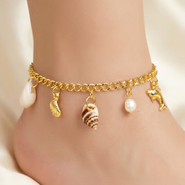 PRAO Anklet Anti-Tarnish Dolphin, Pearl & Cowrie Shell Charms Chain