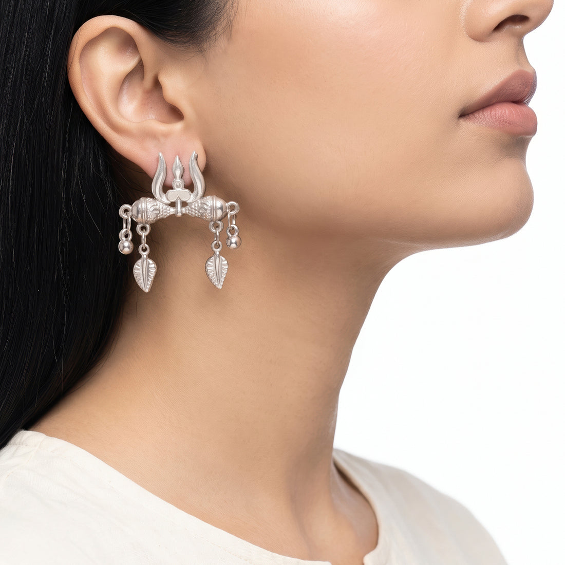 PRAO Earrings Anti-Tarnish Oxidised Trishul And Damru Dangles With Leaf Charms