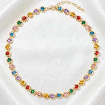 PRAO Necklace Anti-Tarnish Studded Single-Line With Multicoloured Crystals