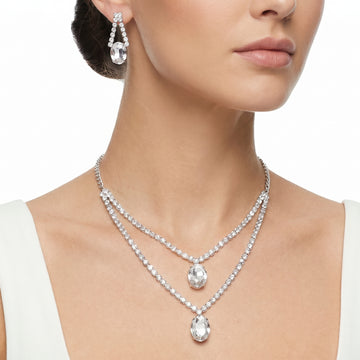 PRAO Necklace Anti-Tarnish Double Layer Crystal Pendant Set With Earrings