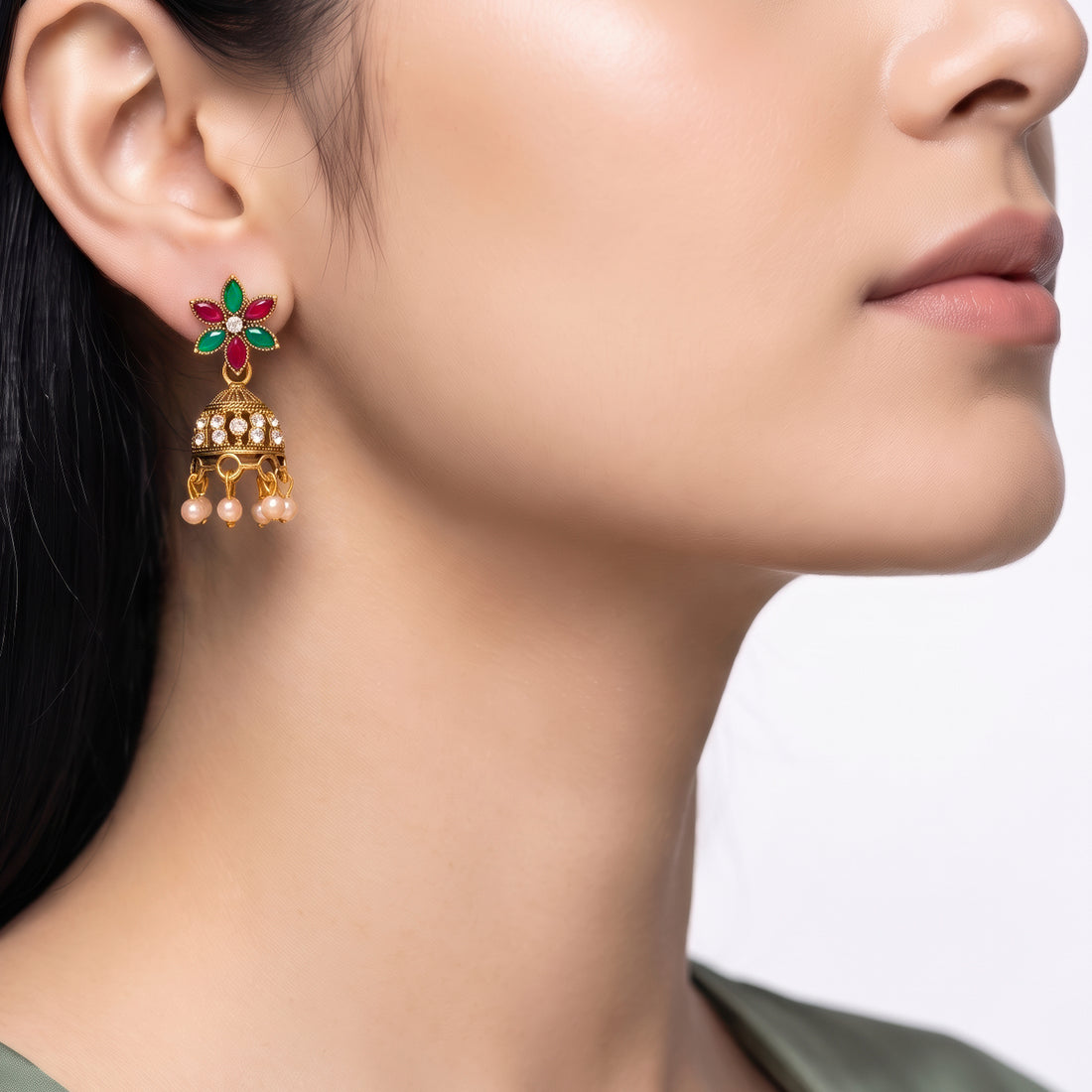 PRAO Earrings Anti-Tarnish Antique Floral Pearl Jhumka