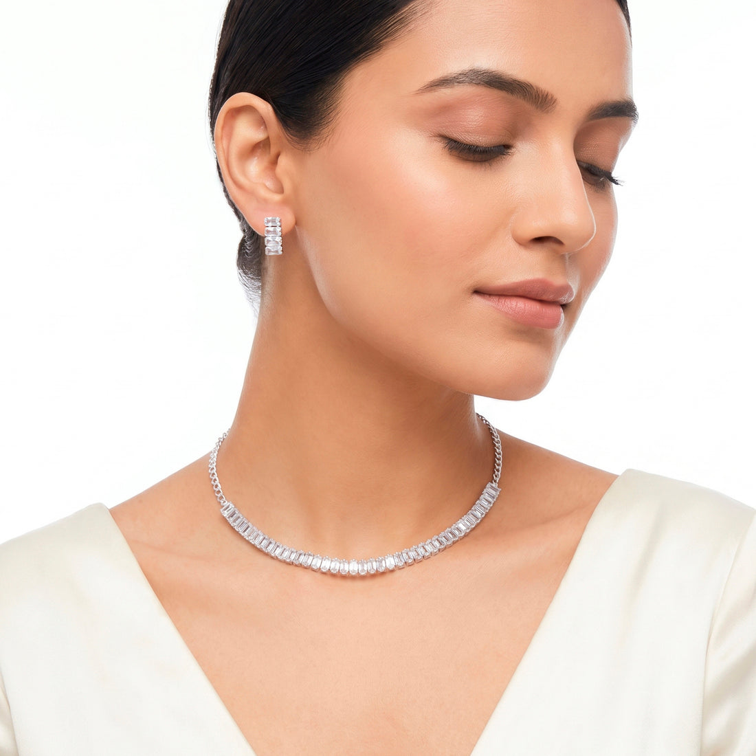 PRAO Necklace Anti-Tarnish Baguette Tennis Set With Earrings