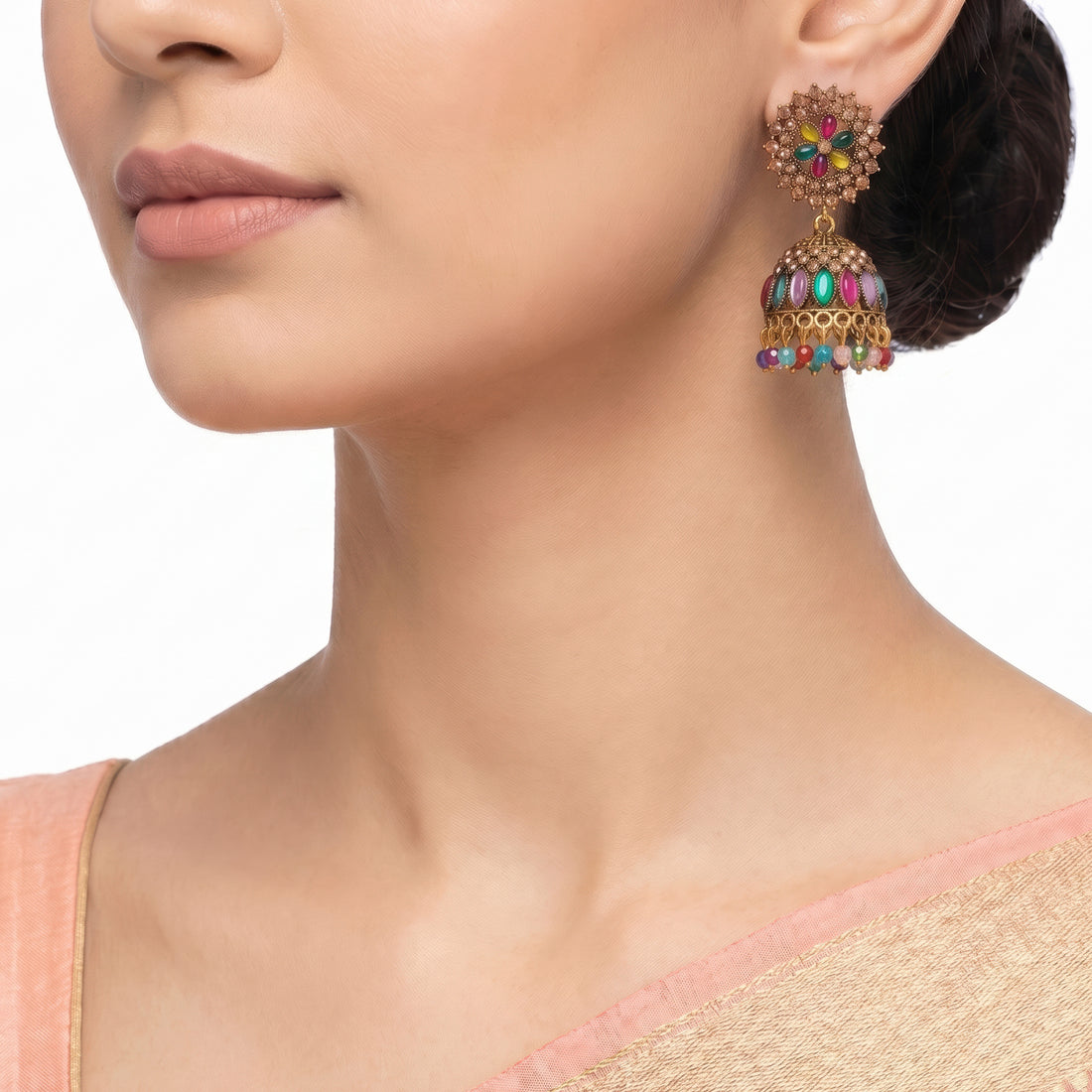 PRAO Earrings Anti-Tarnish Ornate Multi-Color Stone Jhumka