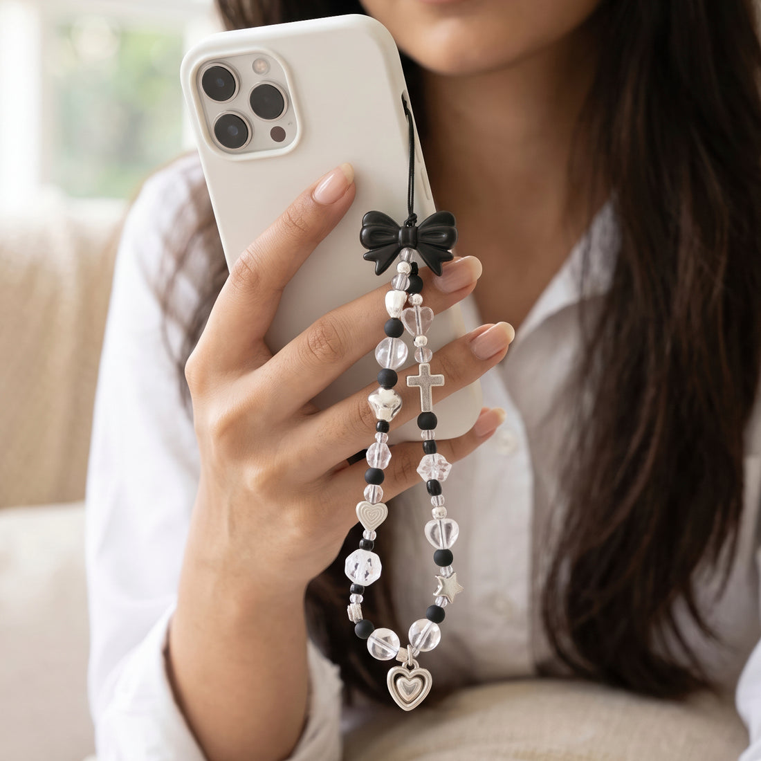 PRAO Mobile Charms Beaded With Black Bow And Monochrome Heart, Star, And Cross Charms
