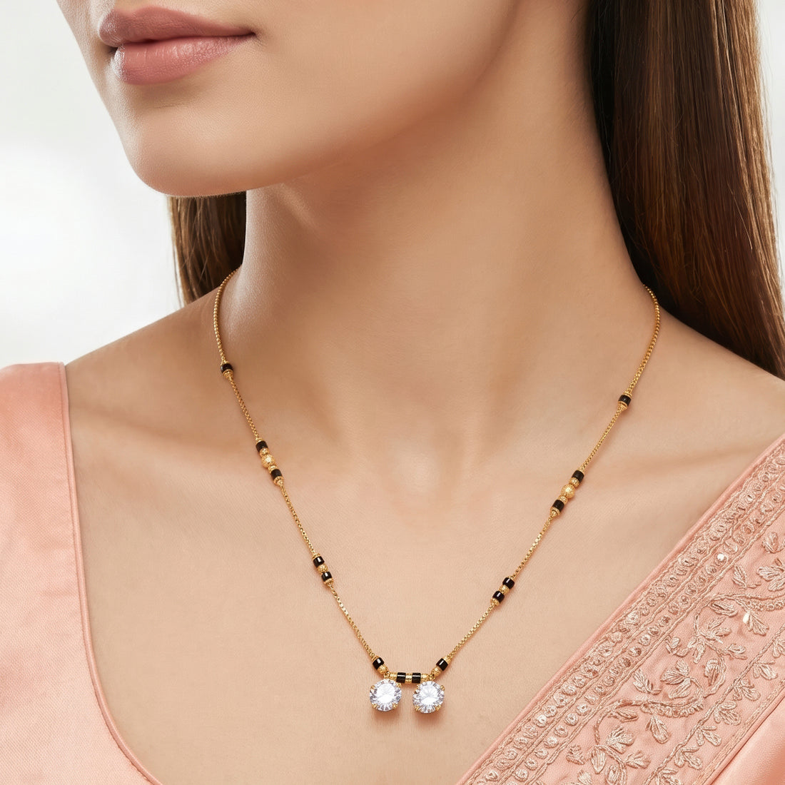 PRAO Necklace Anti-Tarnish Twin Solitaire Crystal Pendant Mangalsutra