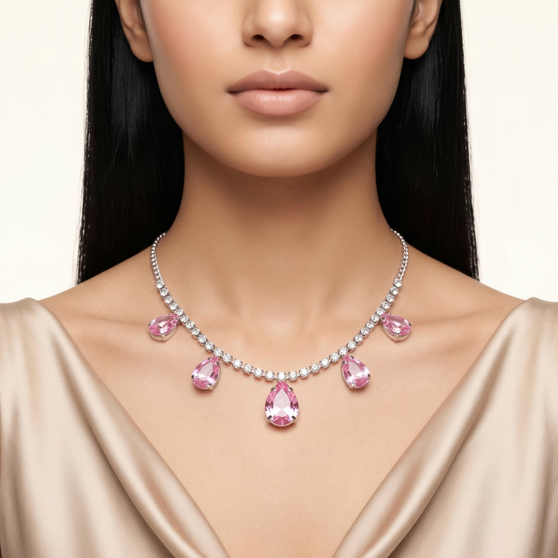 PRAO Necklace Anti-Tarnish Rhinestone Chain With Five Dangling Pink Teardrop Stone Charms