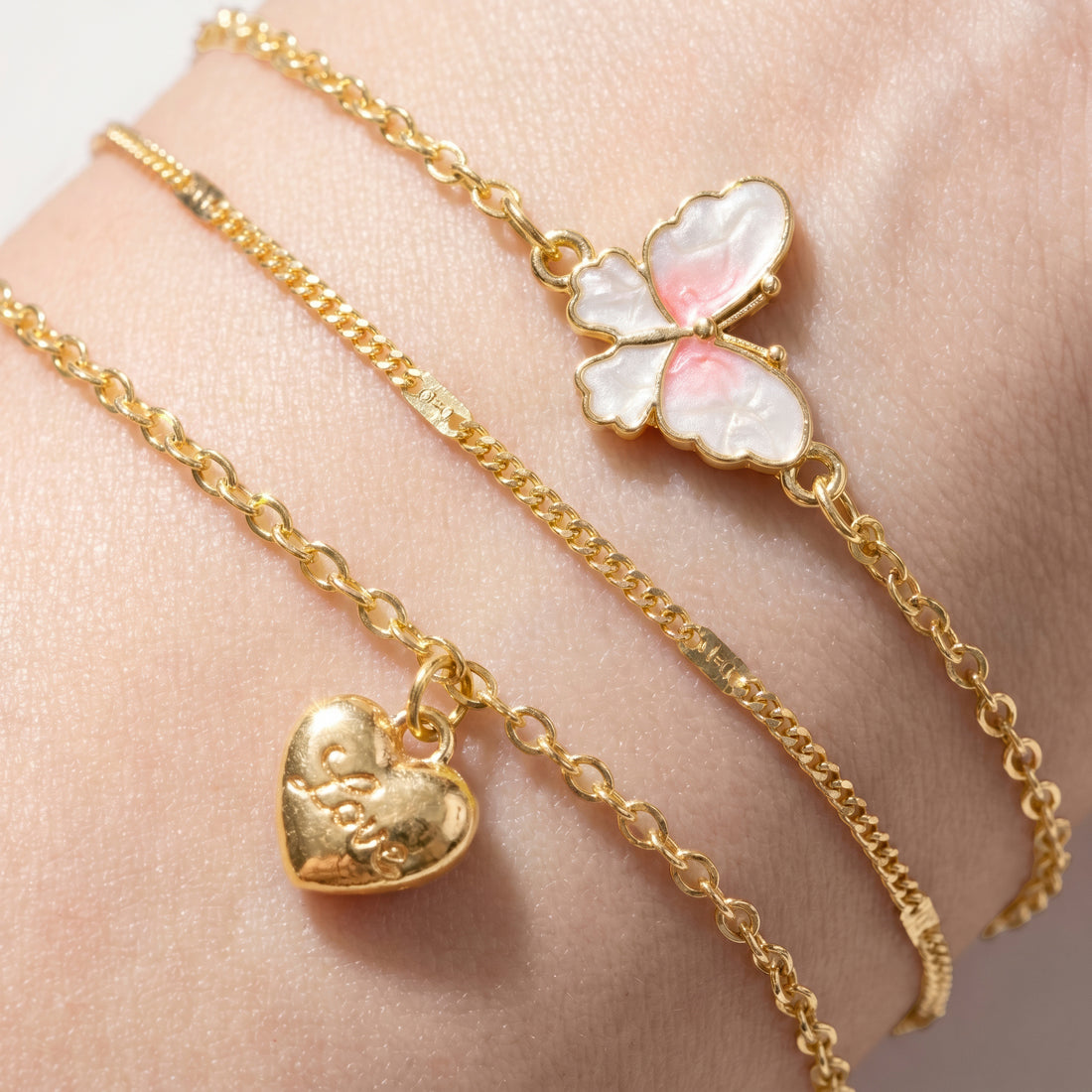 PRAO 3 Bracelet Anti-Tarnish Chain With Butterfly Connector And Heart Charm (Adjustable Size)