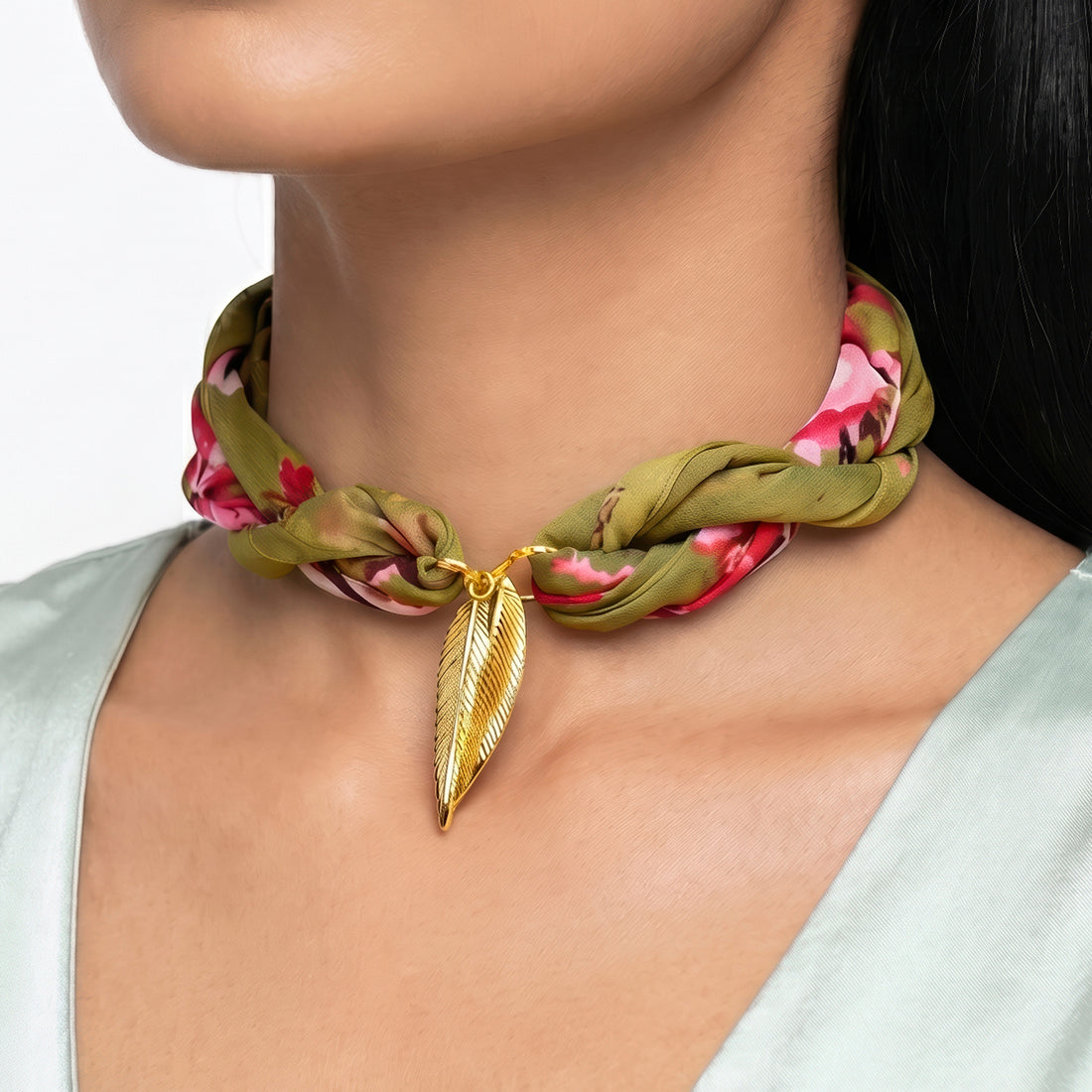 PRAO COMBO ✨ Green Floral Scarf Necklace With Anti-Tarnish Golden Leaf Earrings (Copy)