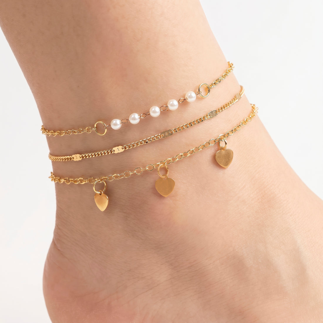 PRAO 3 Anklet Anti-Tarnish Layered Set With Heart Charms And Faux Pearls