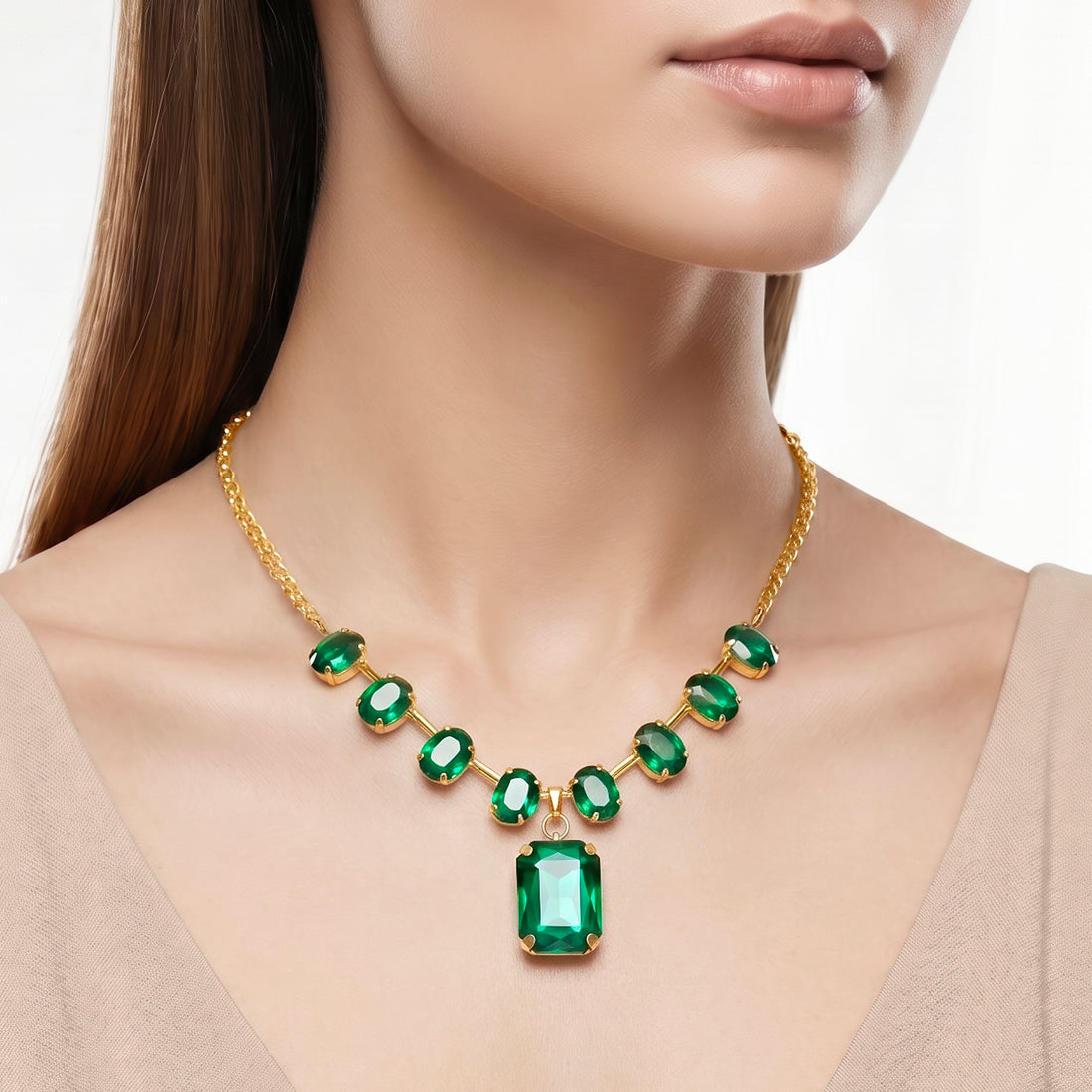 PRAO Necklace Anti-Tarnish Spacer Oval Emerald Crystal With Rectangle Pendant