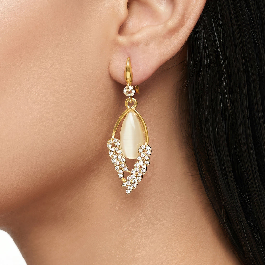 PRAO Earrings Anti-Tarnish Elegant Drop With Monalisa Stones And Rhinestone Leaf Accents
