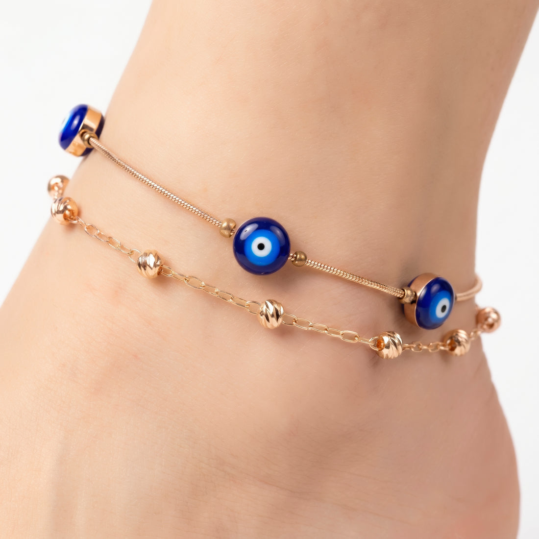 PRAO Anklet Anti-Tarnish Multi-Strand With Blue Evil Eye Beads And Metallic Accents
