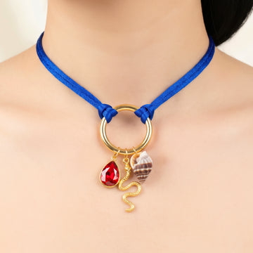 PRAO Necklace Anti-Tarnish Blue Cord Chain With Seashell, Snake, And Red Teardrop Charms