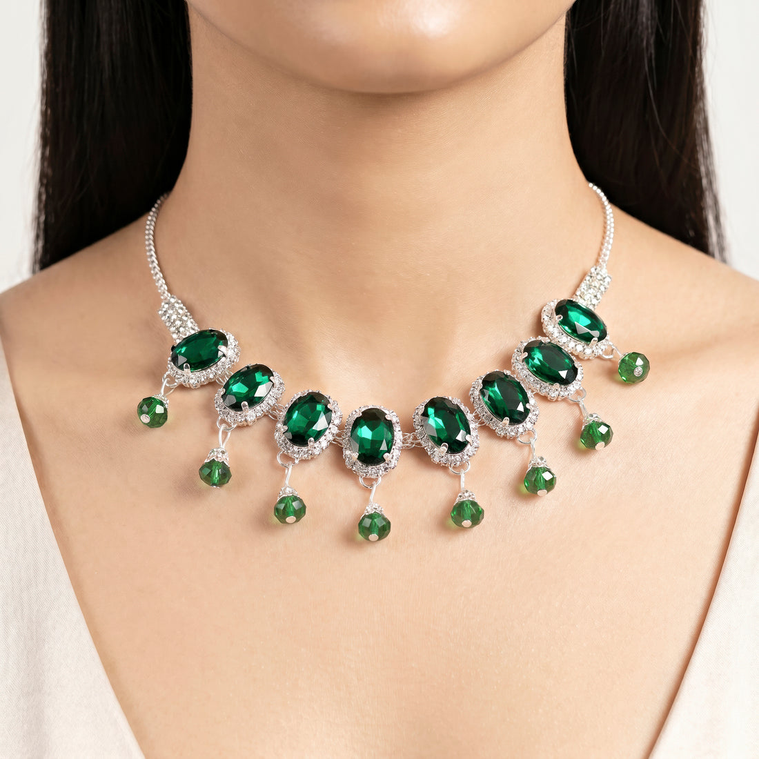 PRAO Necklace Anti-Tarnish Oval Emerald Crystal Set With Earring