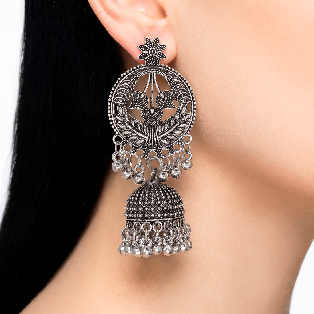 PRAO Earrings Anti-Tarnish Oxidised Floral Jhumka
