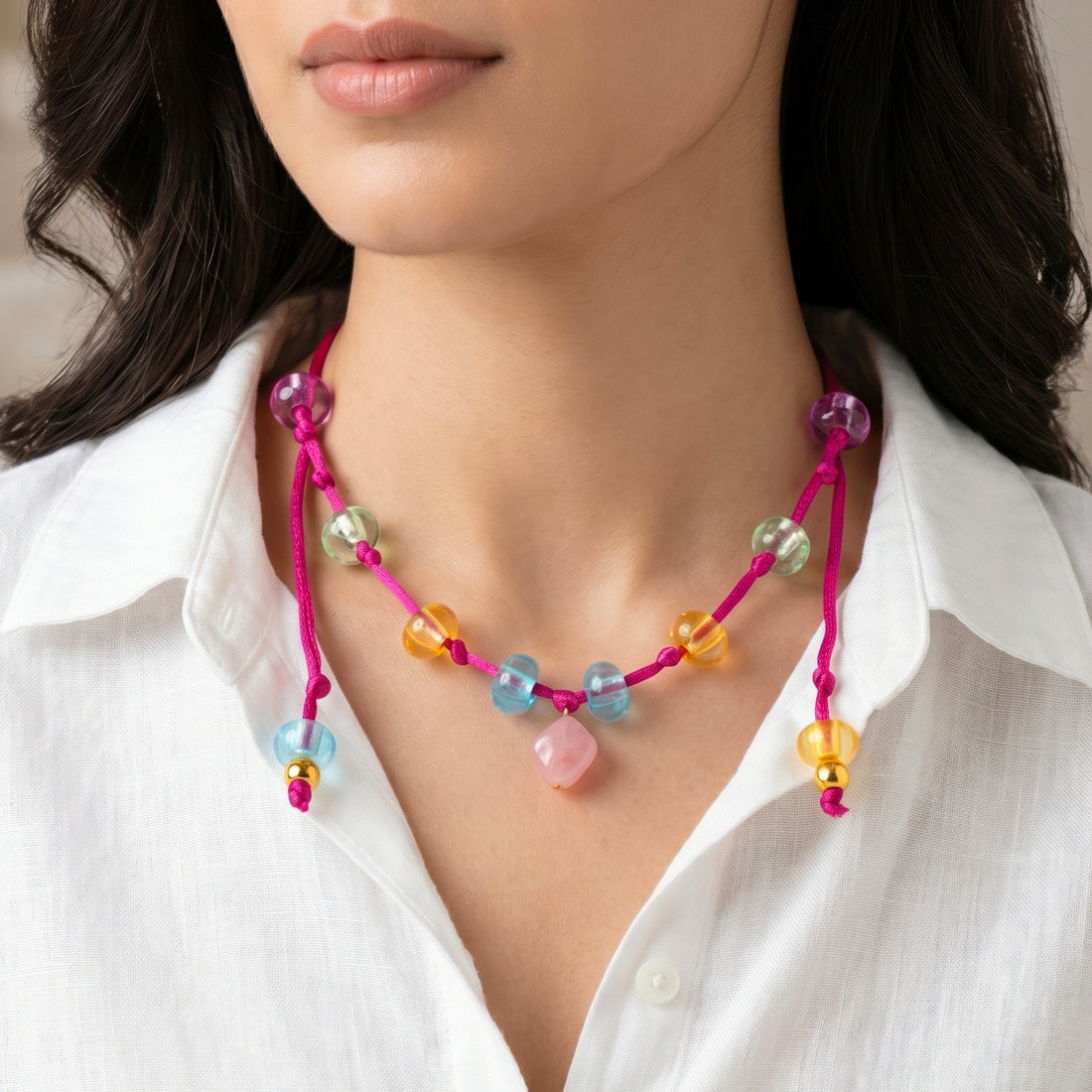 PRAO Necklace Cum Bracelet Anti-Tarnish Hot Pink Wrap With Colorful Glass & Stone Beads