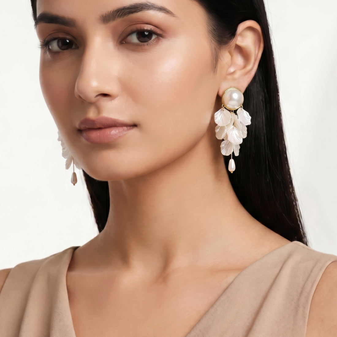 PRAO Earrings Anti-Tarnish White Statement With Pearl Studs And Floral Petal Drops