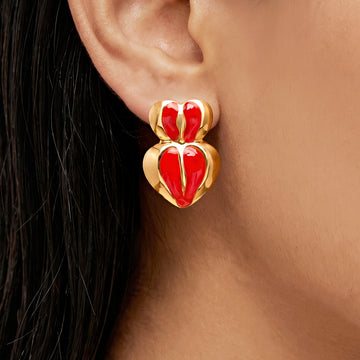 PRAO Earrings Anti-Tarnish Tiered Red Enamel Heart Drop
