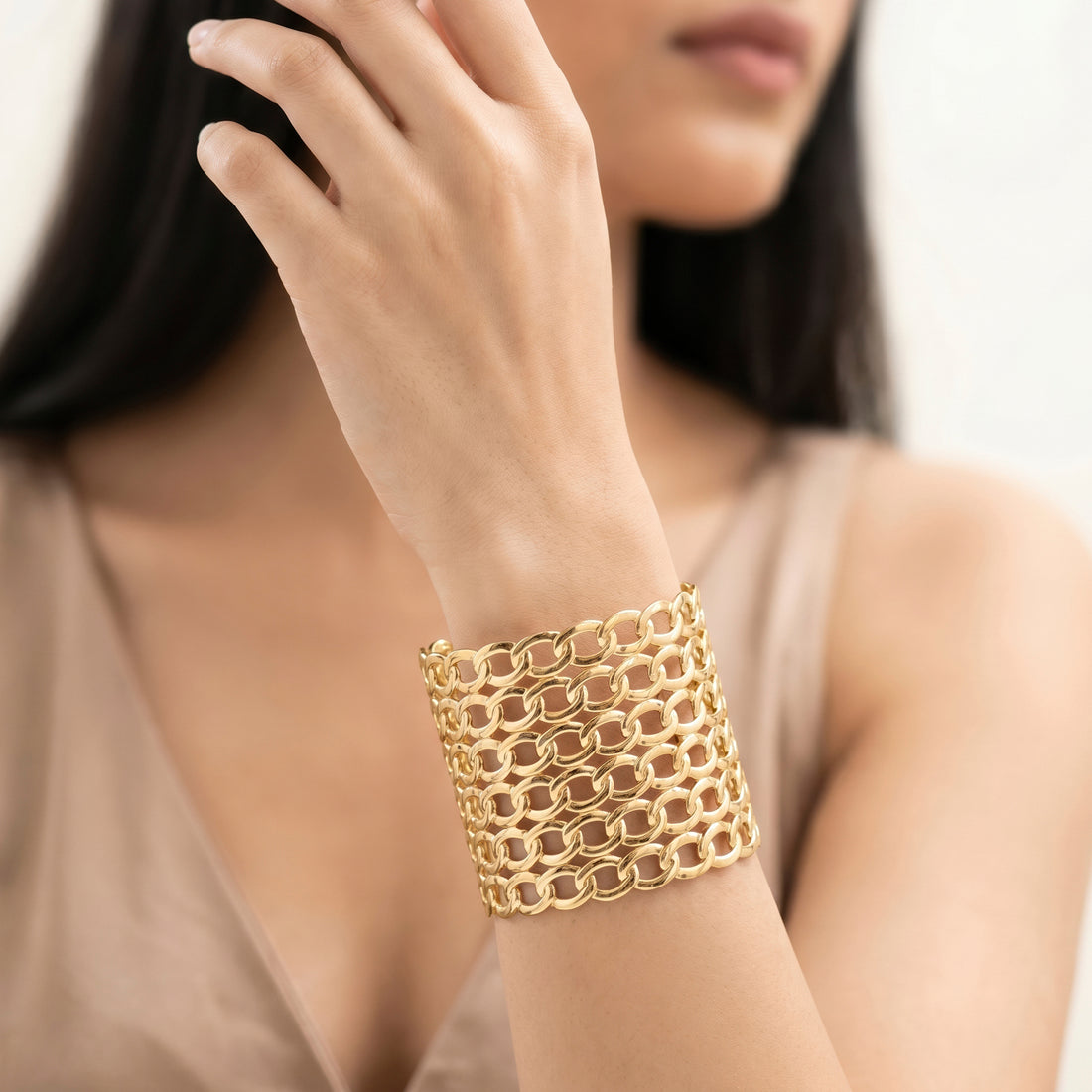 PRAO Bracelet Anti-Tarnish Wide Multi-Row Chunky Chain Cuff (Adjustable Size)